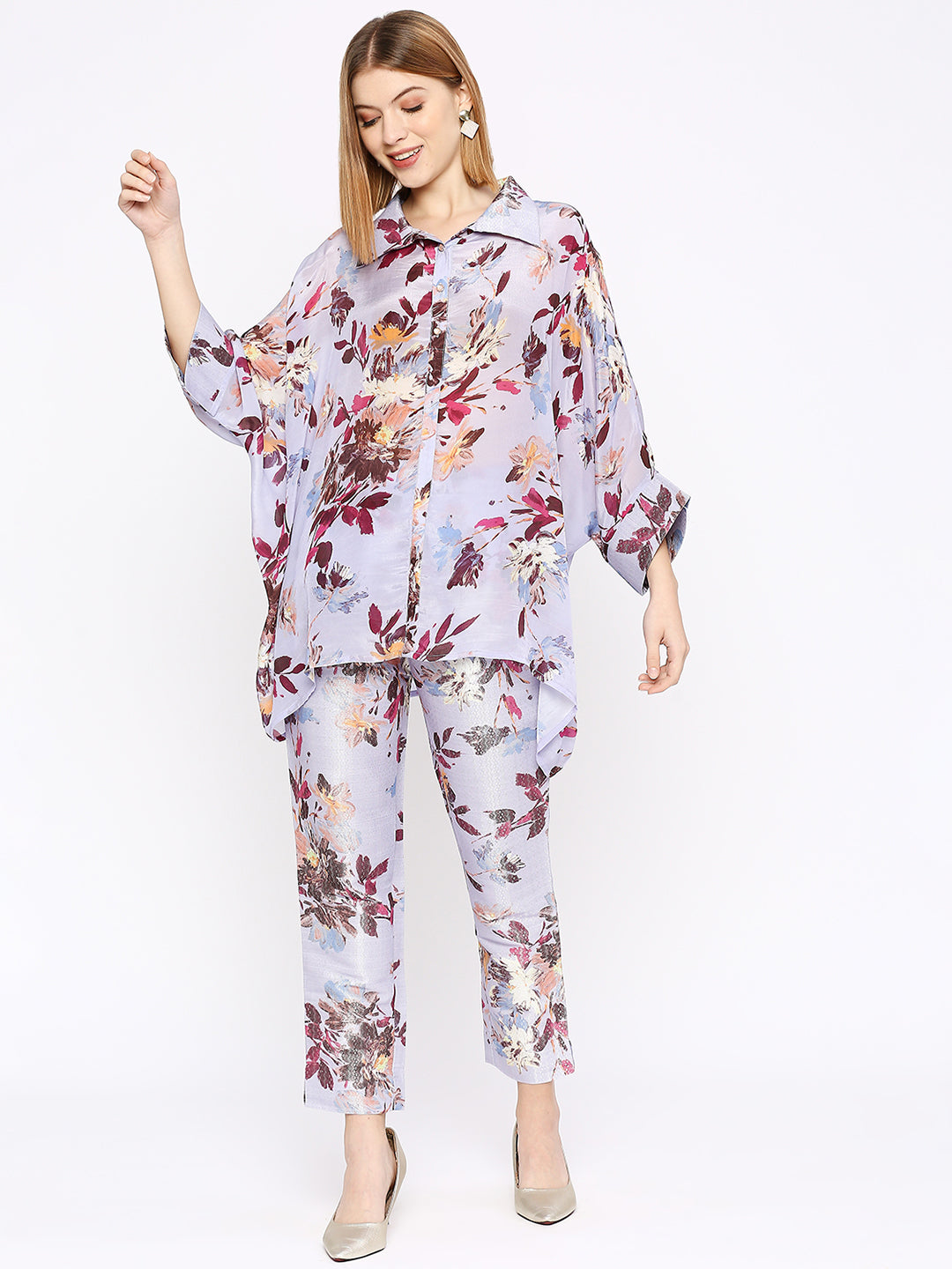 Lilac Floral Printed Silver Co-Ord Set with Brocade Pant