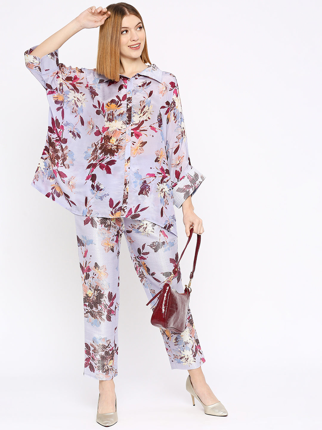 Lilac Floral Co-Ord Set with Brocade Pant