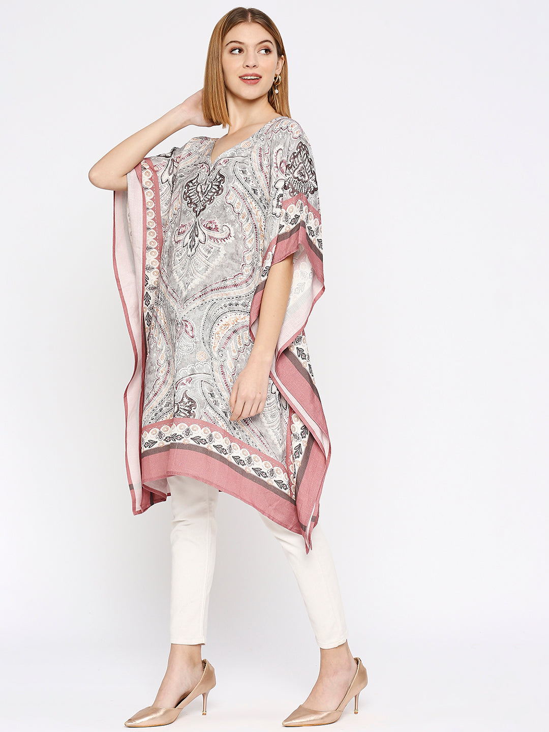 Grey Paisley Printed Linen Kaftan