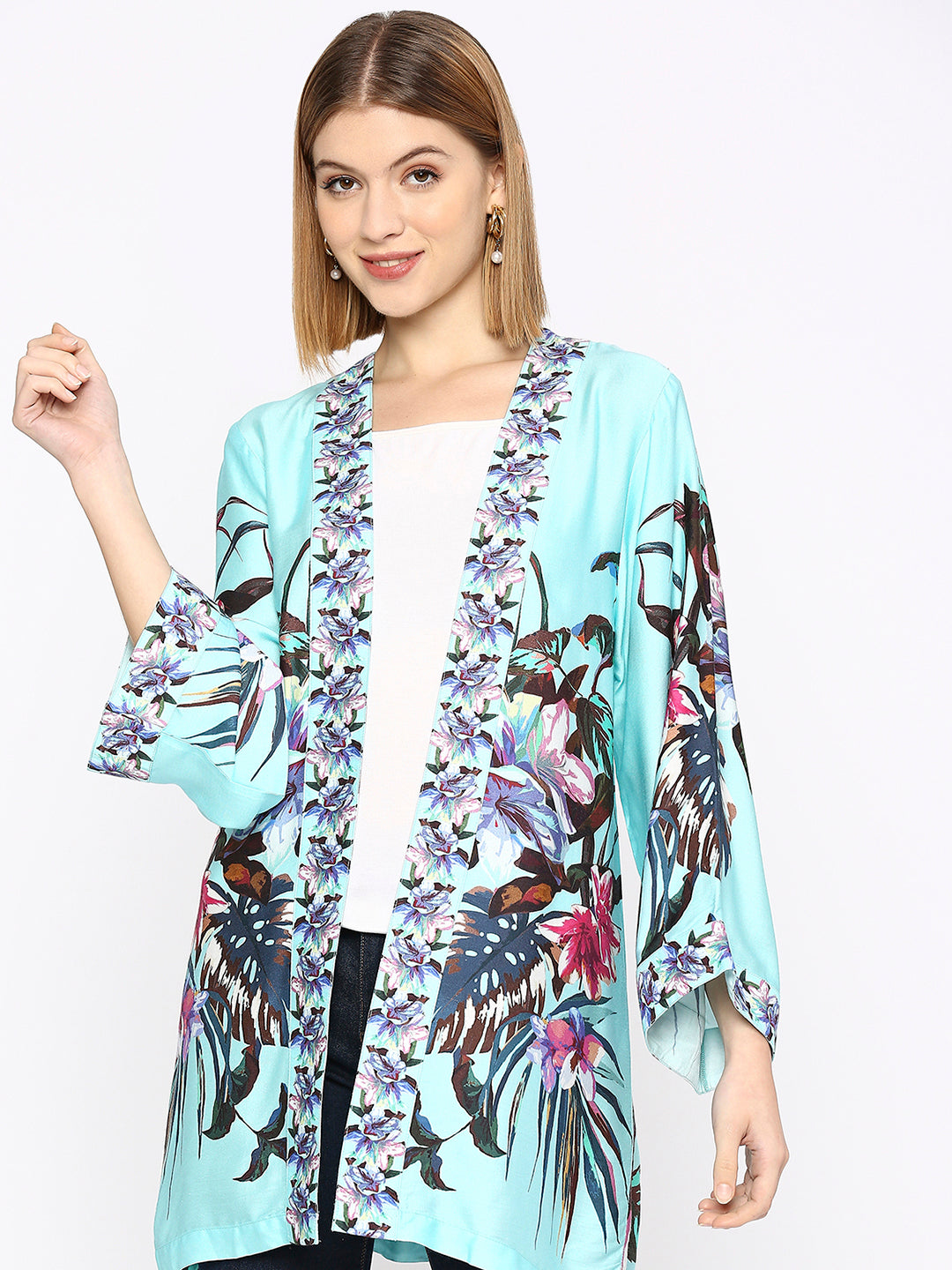 Blue Flower Printed Modal Kimono