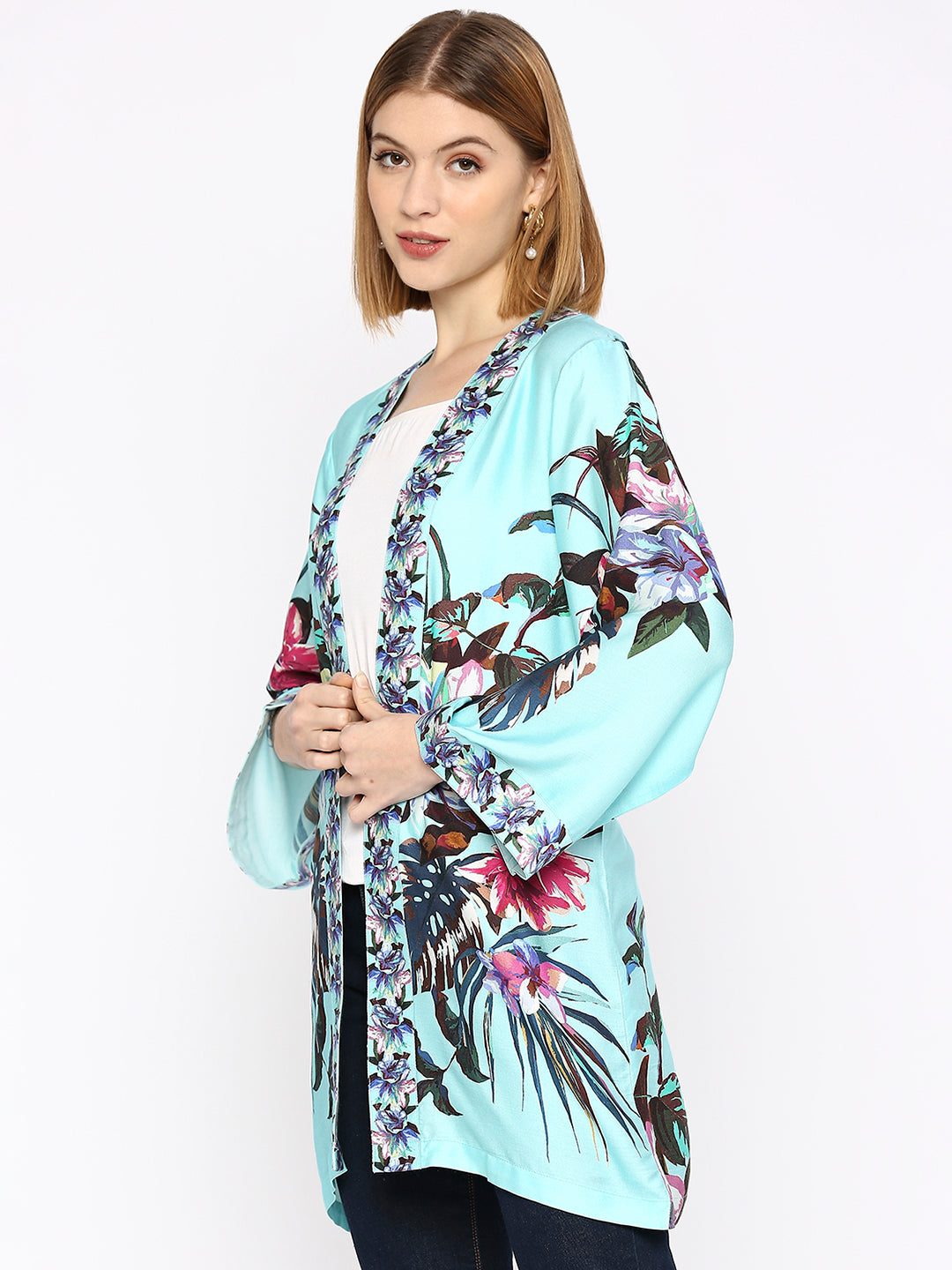 Blue Flower Printed Modal Kimono