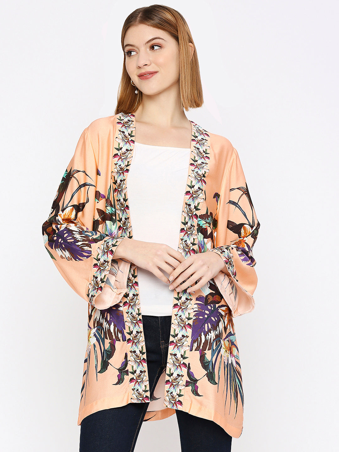 Peach Flower Printed Modal Kimono