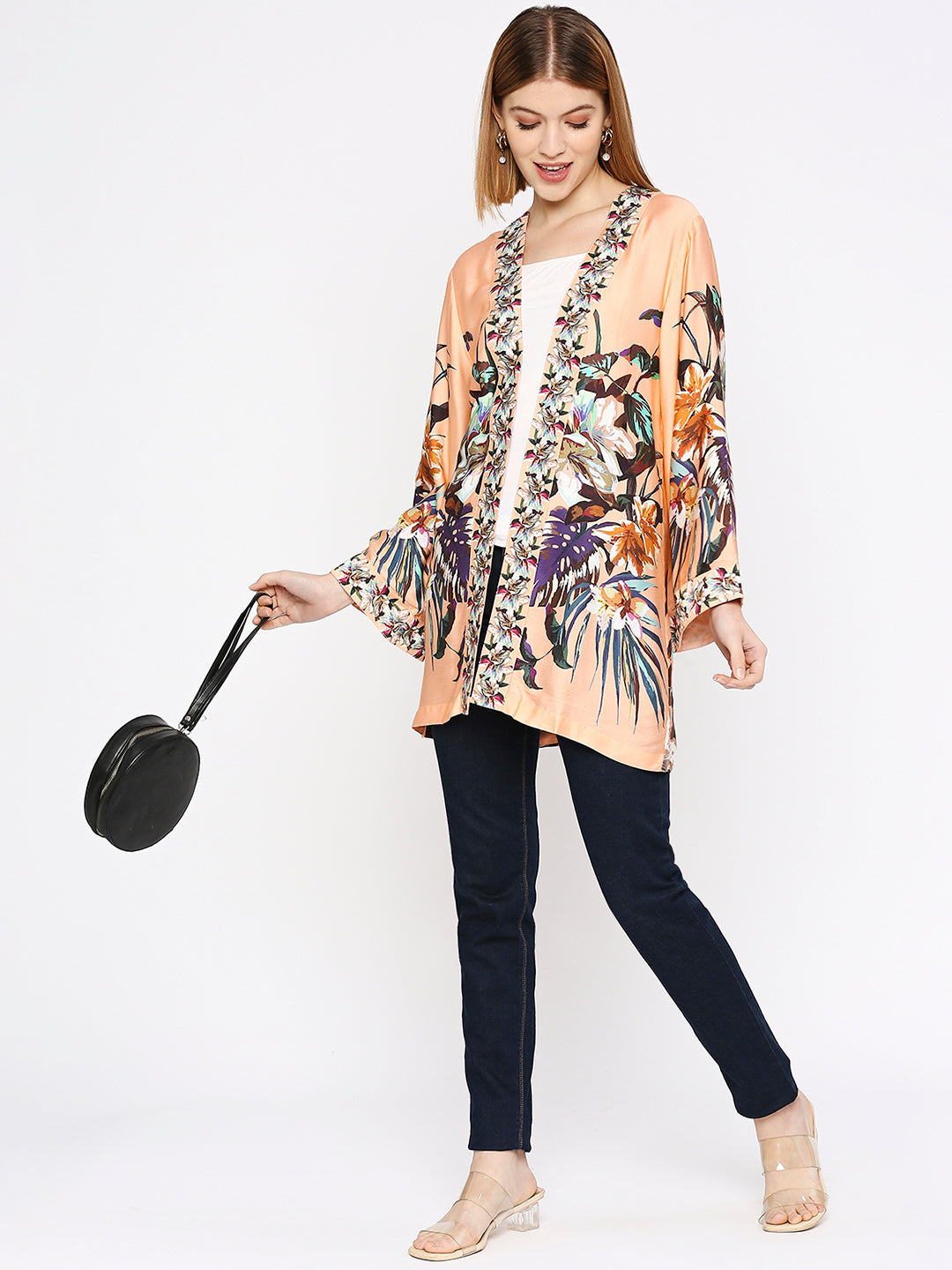 Peach Flower Printed Modal Kimono