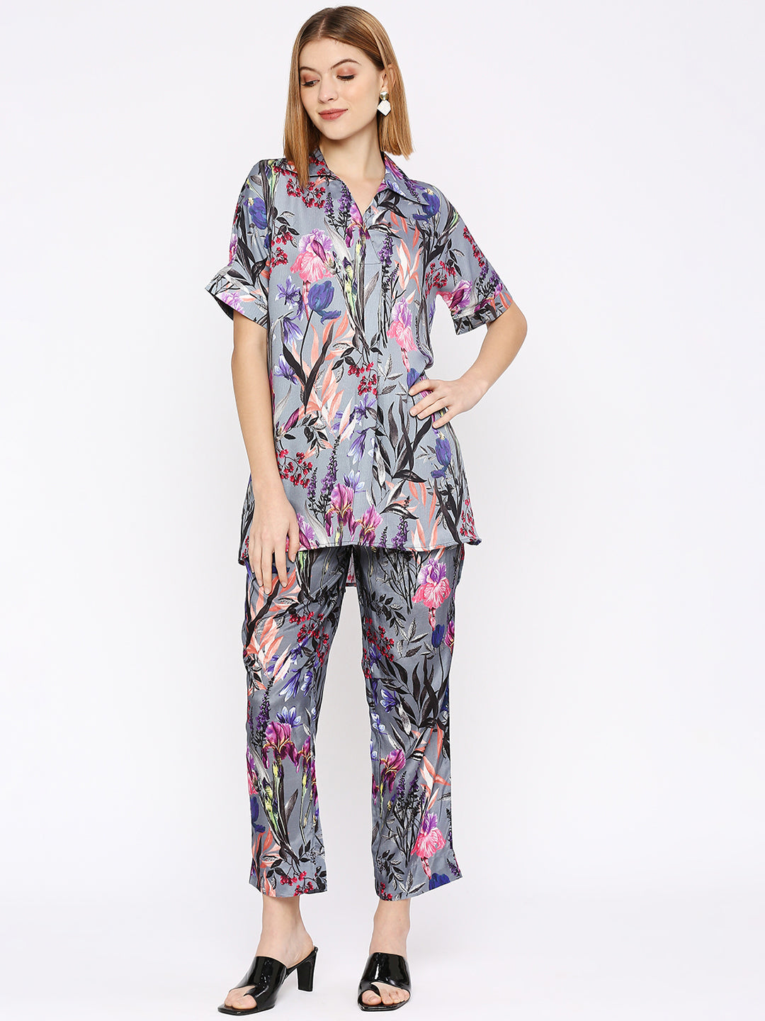 Grey Flower & Leaf Printed Co-Ord Set