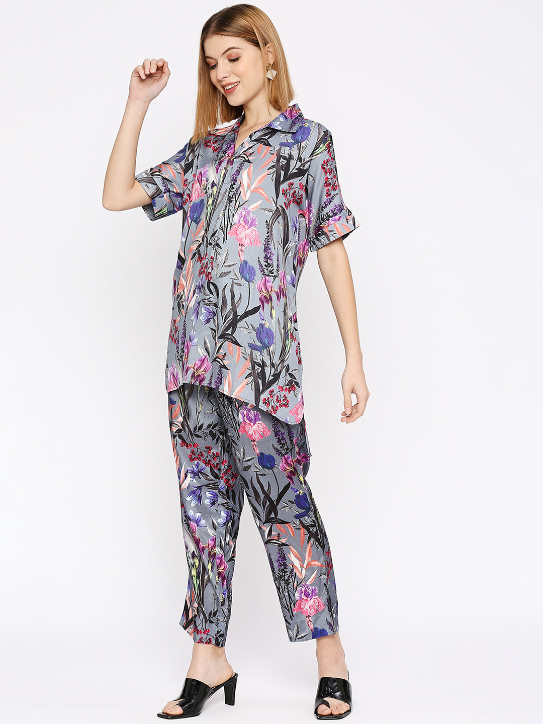 Grey Flower & Leaf Printed Co-Ord Set