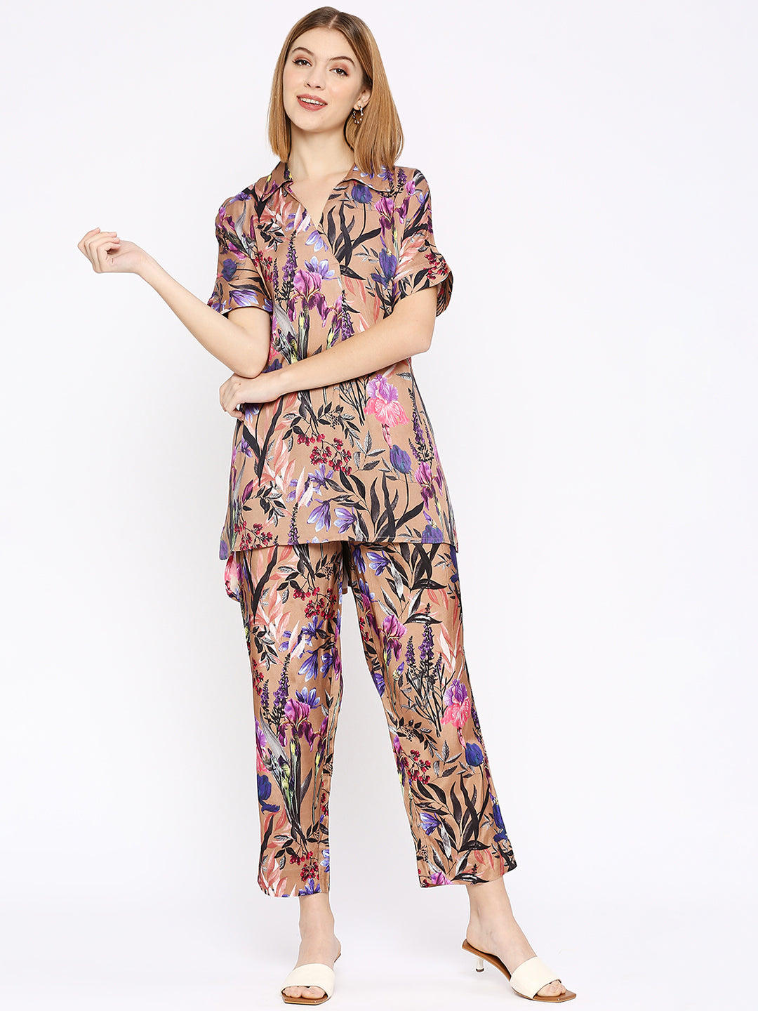 Nude Flower & Leaf Printed Co-Ord Set