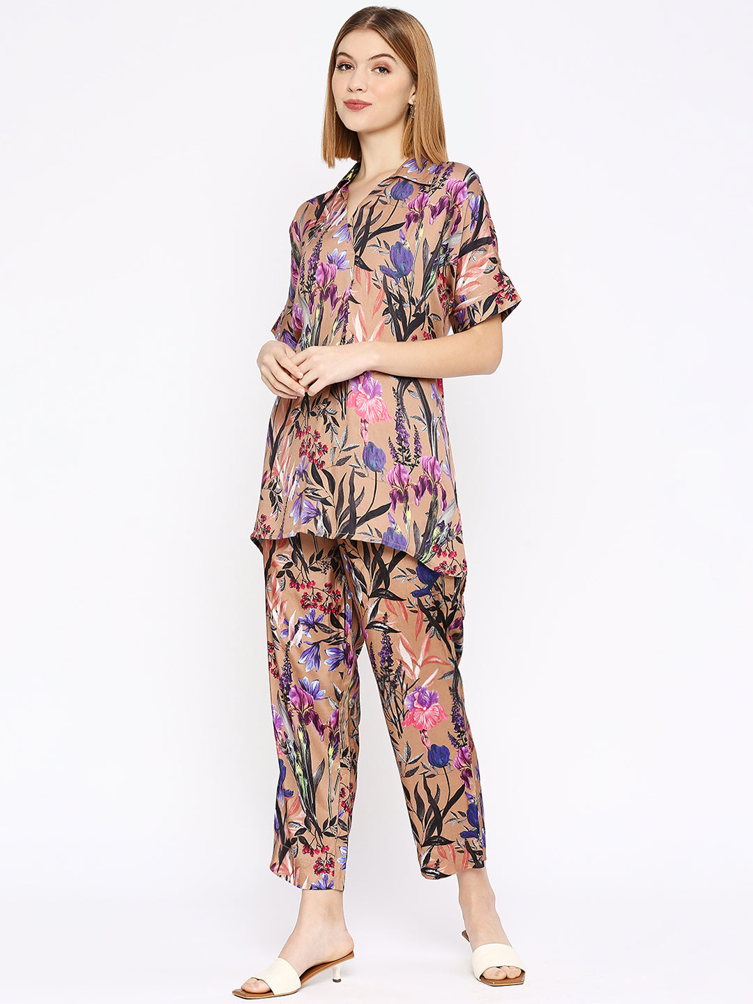 Nude Flower & Leaf Printed Co-Ord Set