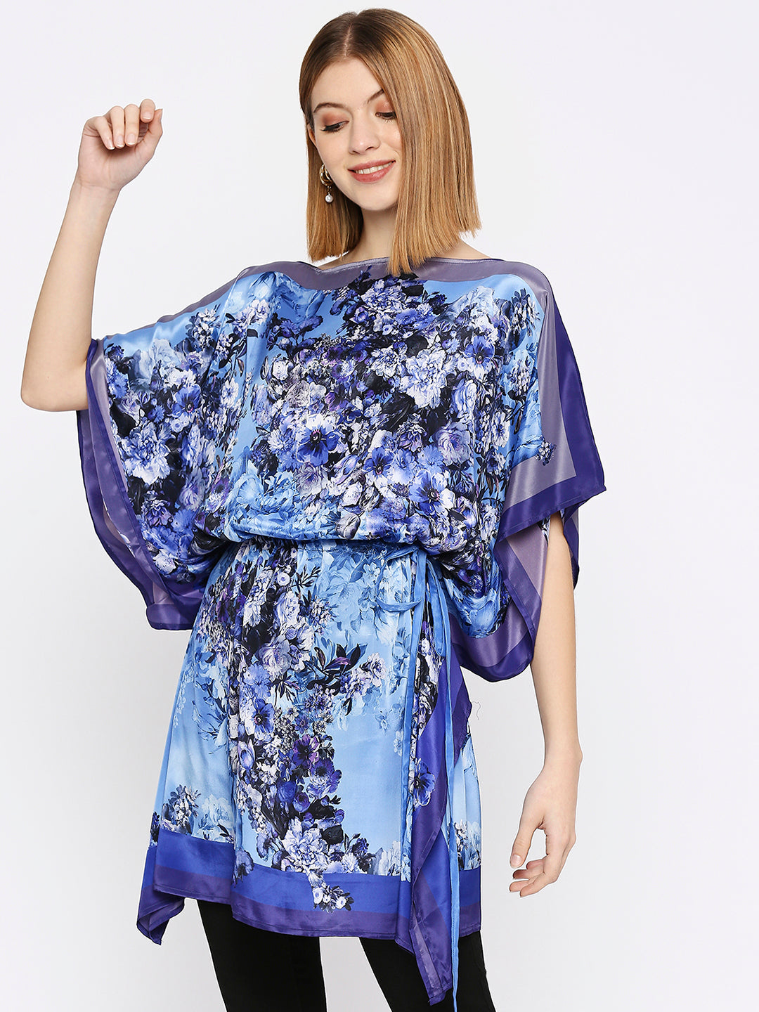 Blue Flower Printed Side Drawstring Kaftan