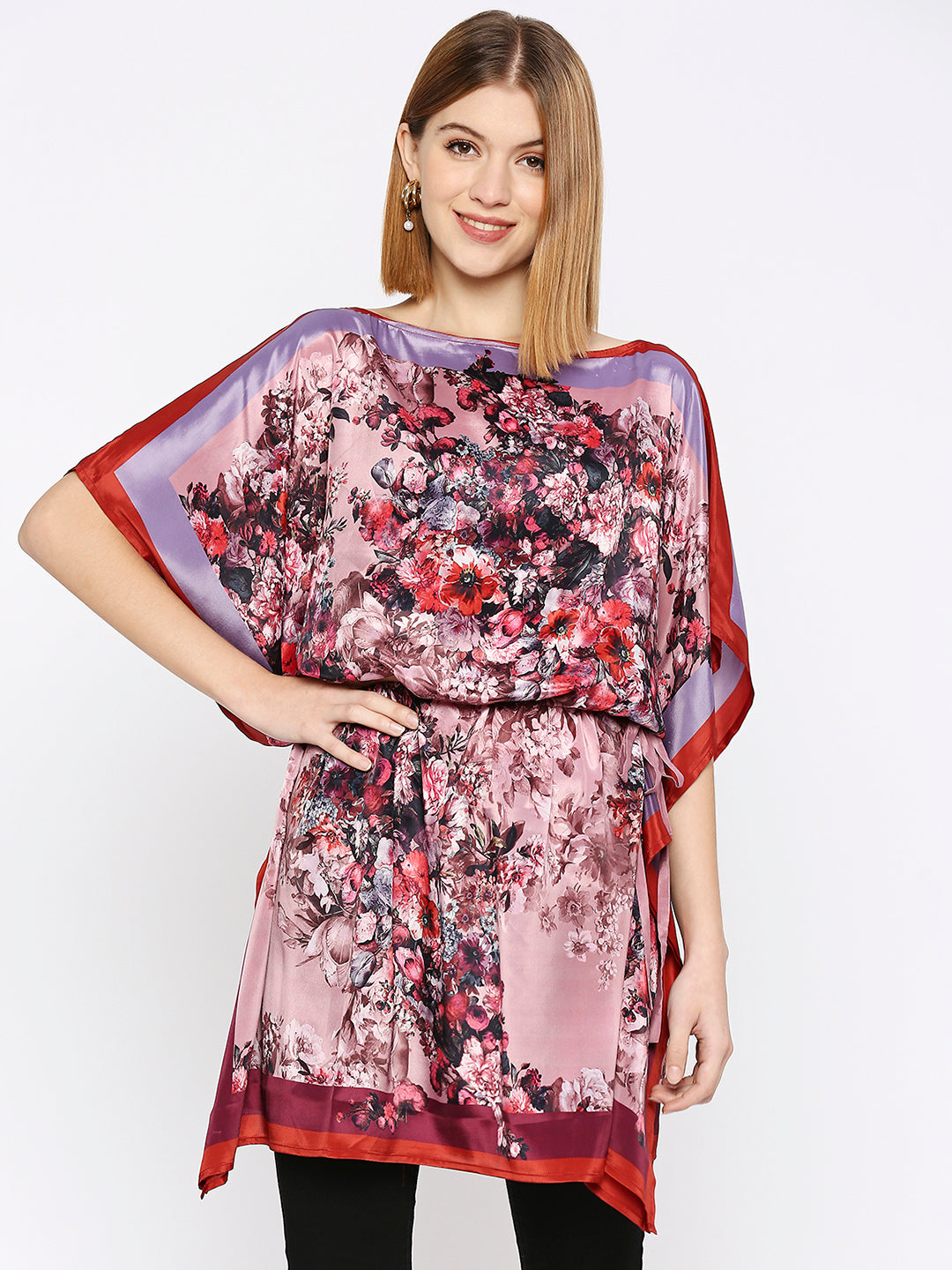 Mauve Flower Printed Side Drawstring Kaftan