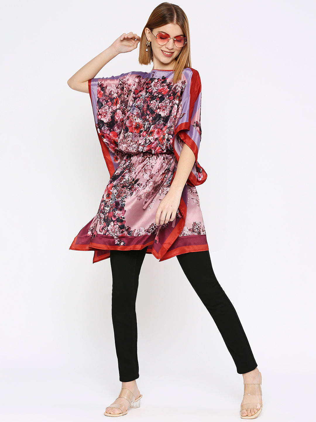 Mauve Flower Printed Side Drawstring Kaftan