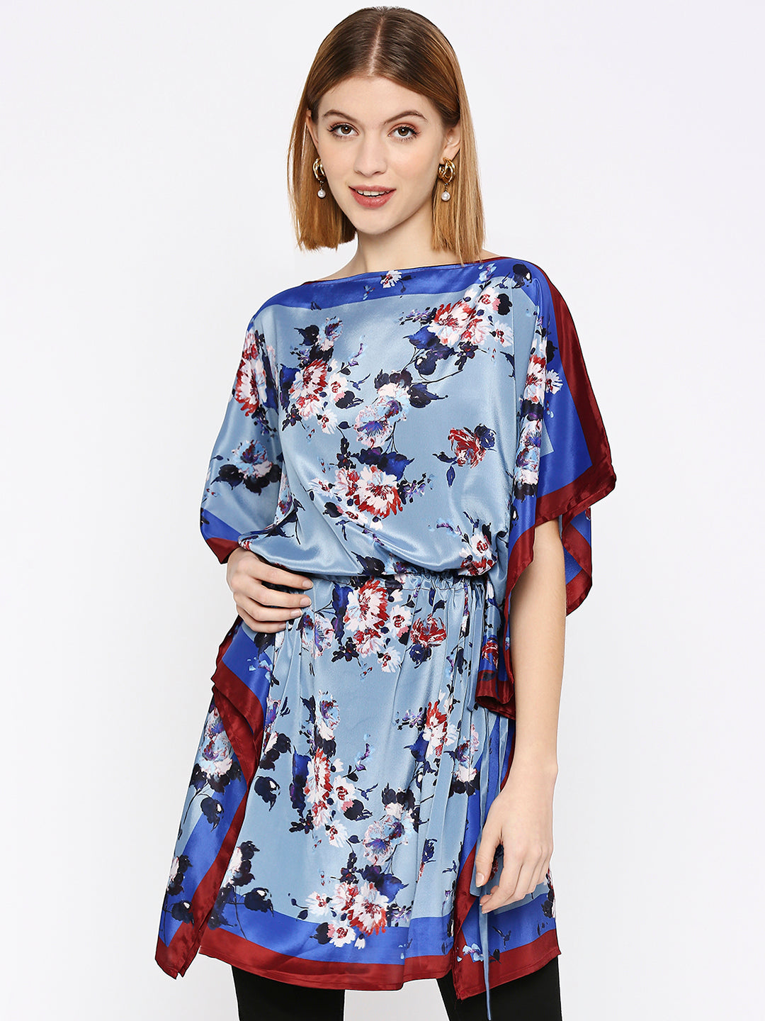 Blue Flower Printed Drawstring Kaftan