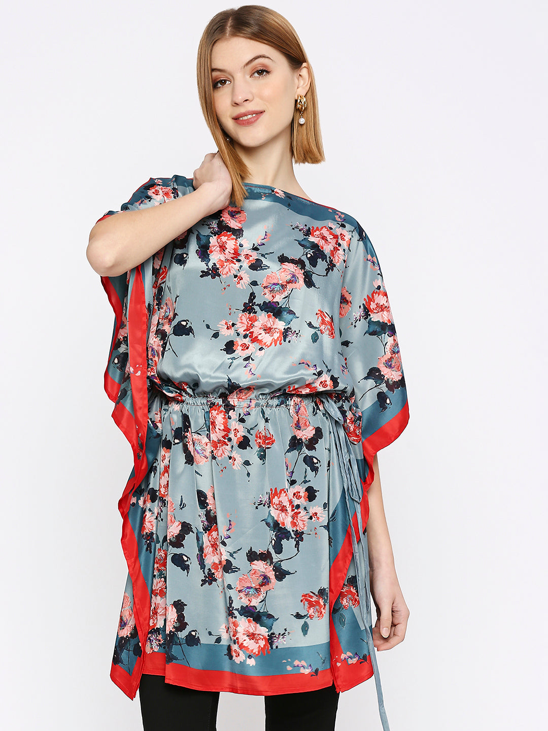 Green Flower Printed Drawstring Kaftan