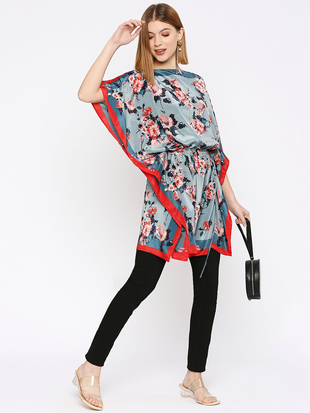 Green Flower Printed Drawstring Kaftan