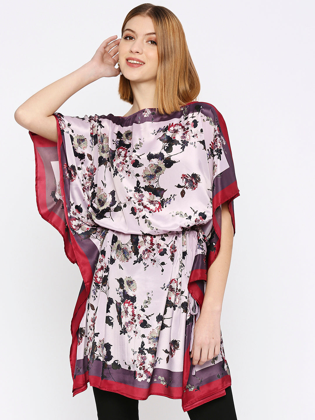 Flower Printed Mauve Drawstring Kaftan