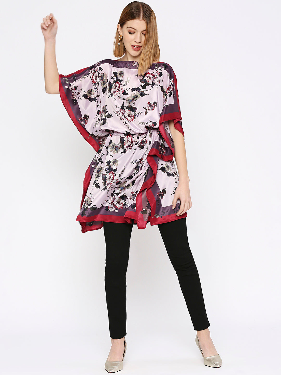Flower Printed Mauve Drawstring Kaftan