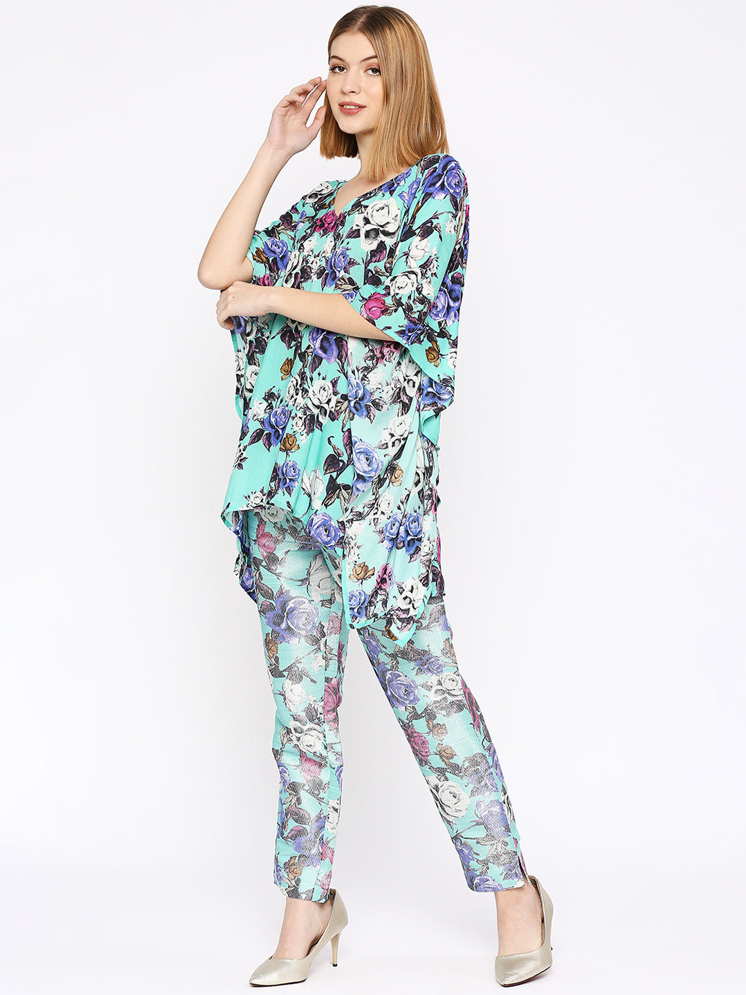 Aqua Floral Printed  Co-Ord Set with Brocade Pant