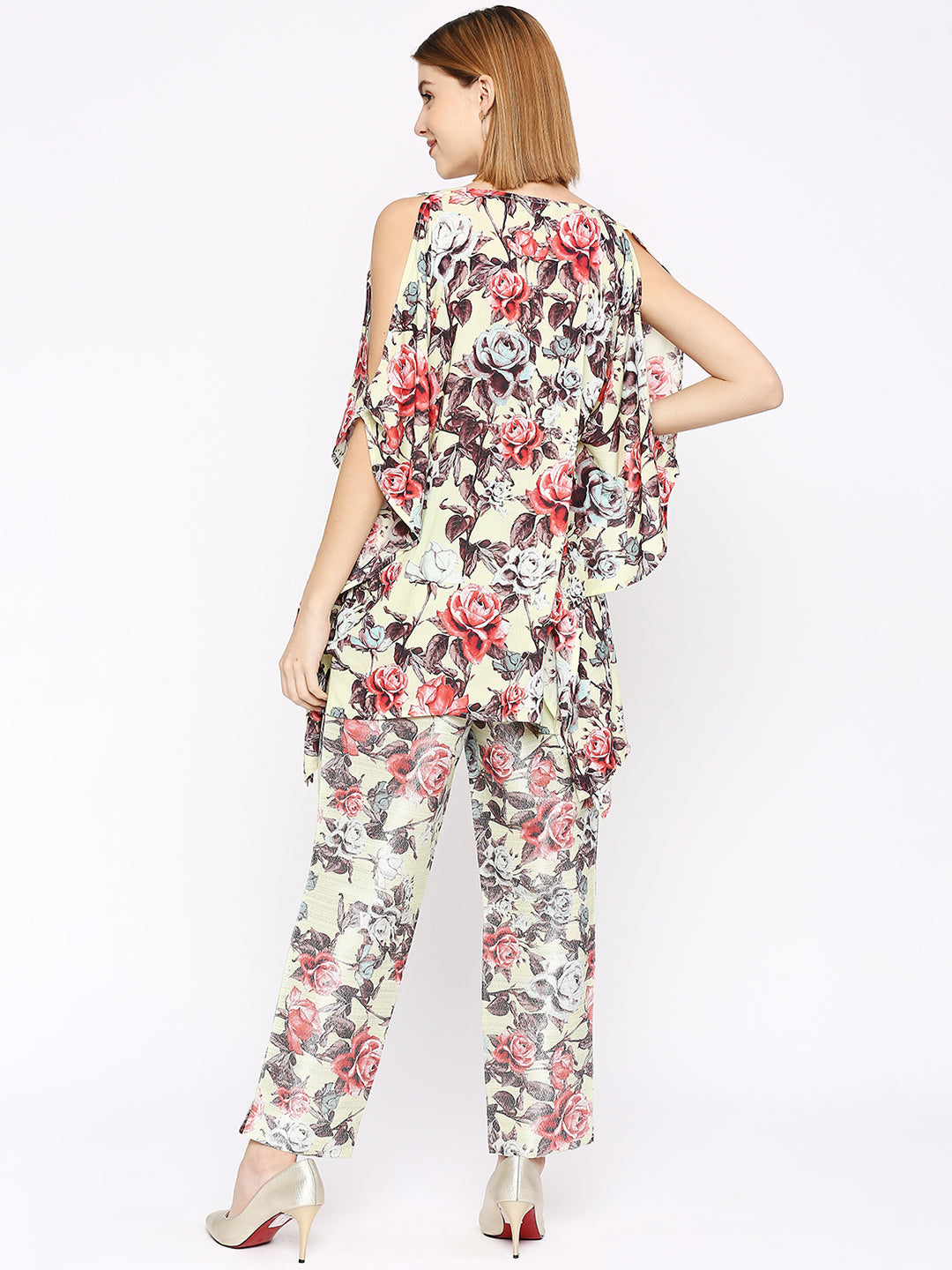 Lime Floral Printed  Co-Ord Set With Brocade Pant
