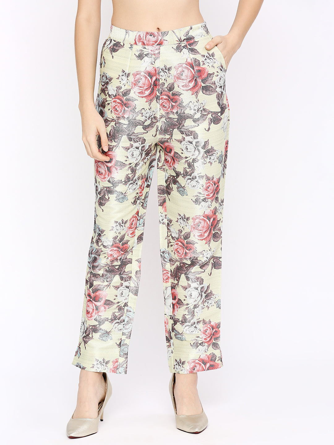 Lime Floral Printed  Co-Ord Set With Brocade Pant