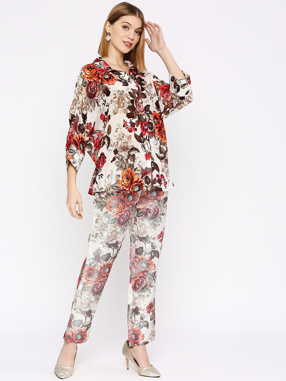 White Multicolored Floral Printed Co-Ord Set With Brocade Pant