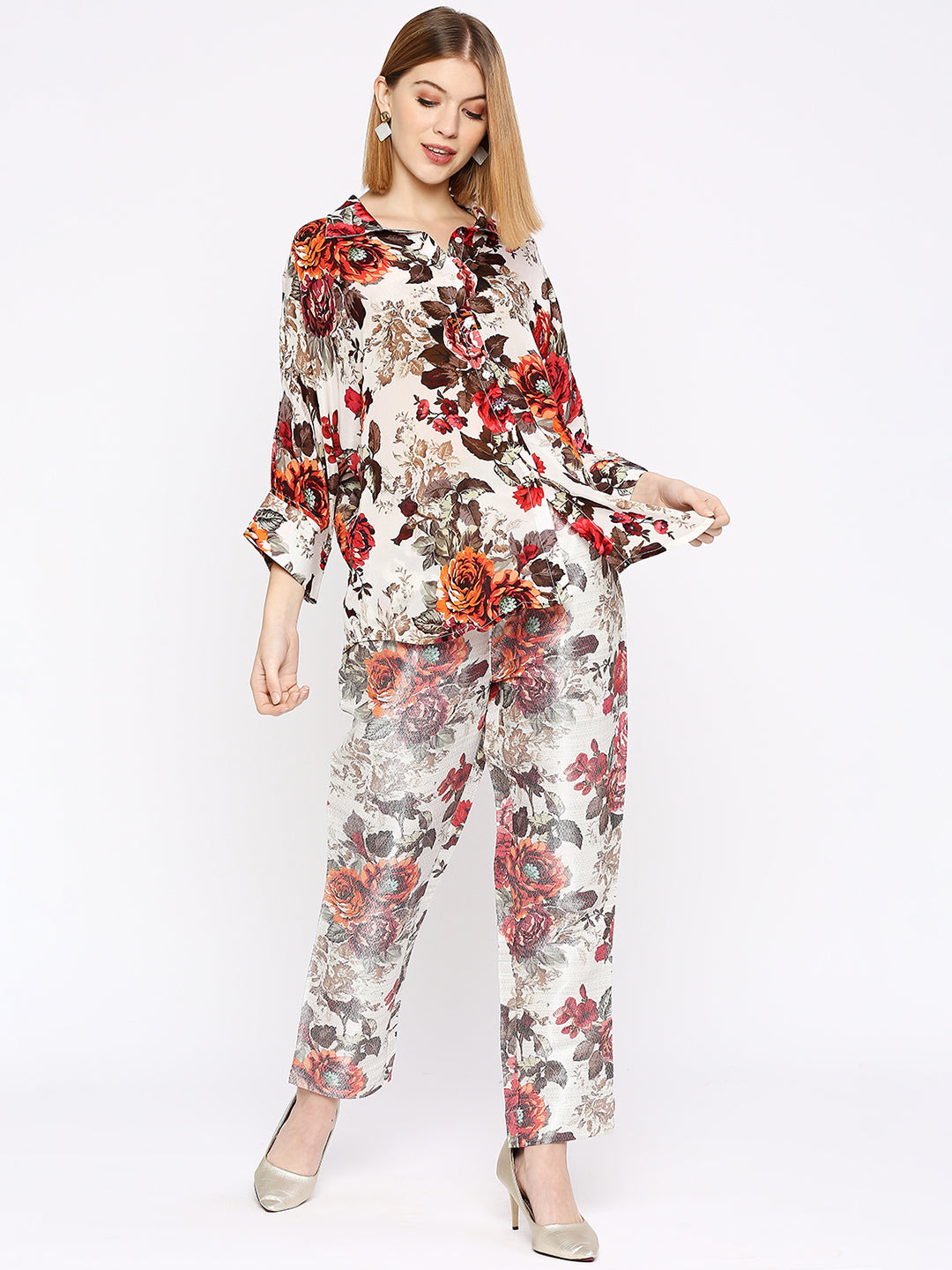 White Multicolored Floral Printed Brocade Pant