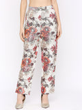 White Multicolored Floral Printed Brocade Pant