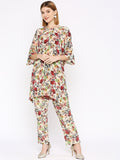 Off White Multicolored Floral Printed Co-Ord Set with Brocade Pant