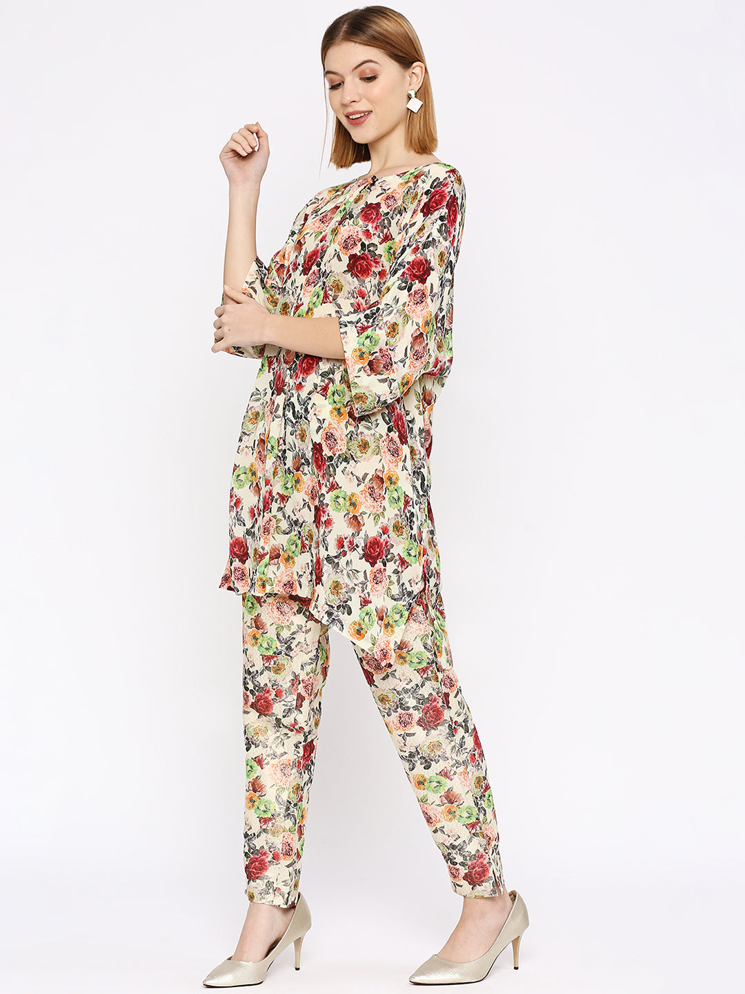 Off White Multicolored Floral Printed Co-Ord Set with Brocade Pant