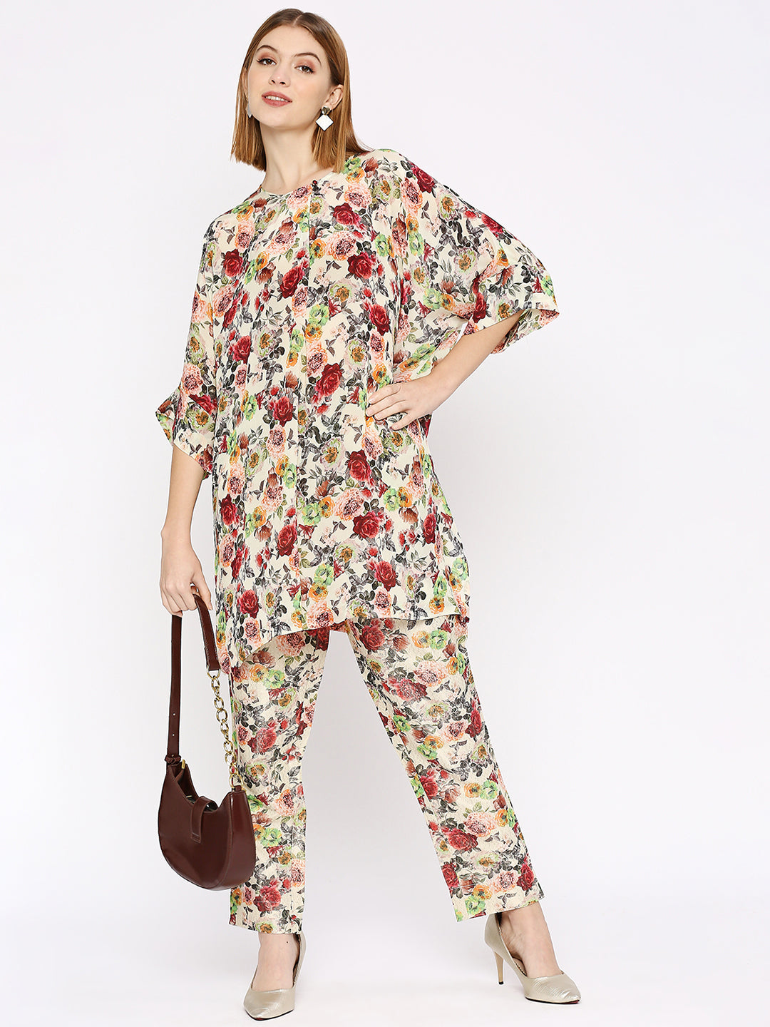 Off White Multicolored Floral Printed Co-Ord Set with Brocade Pant