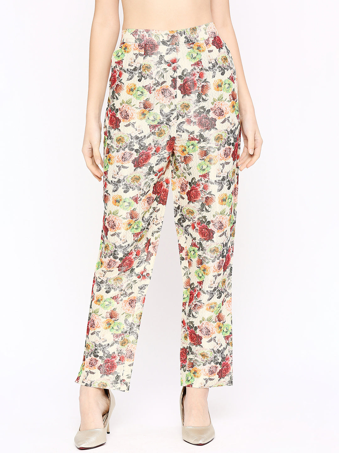 Off White Multicolored Floral Printed Co-Ord Set with Brocade Pant