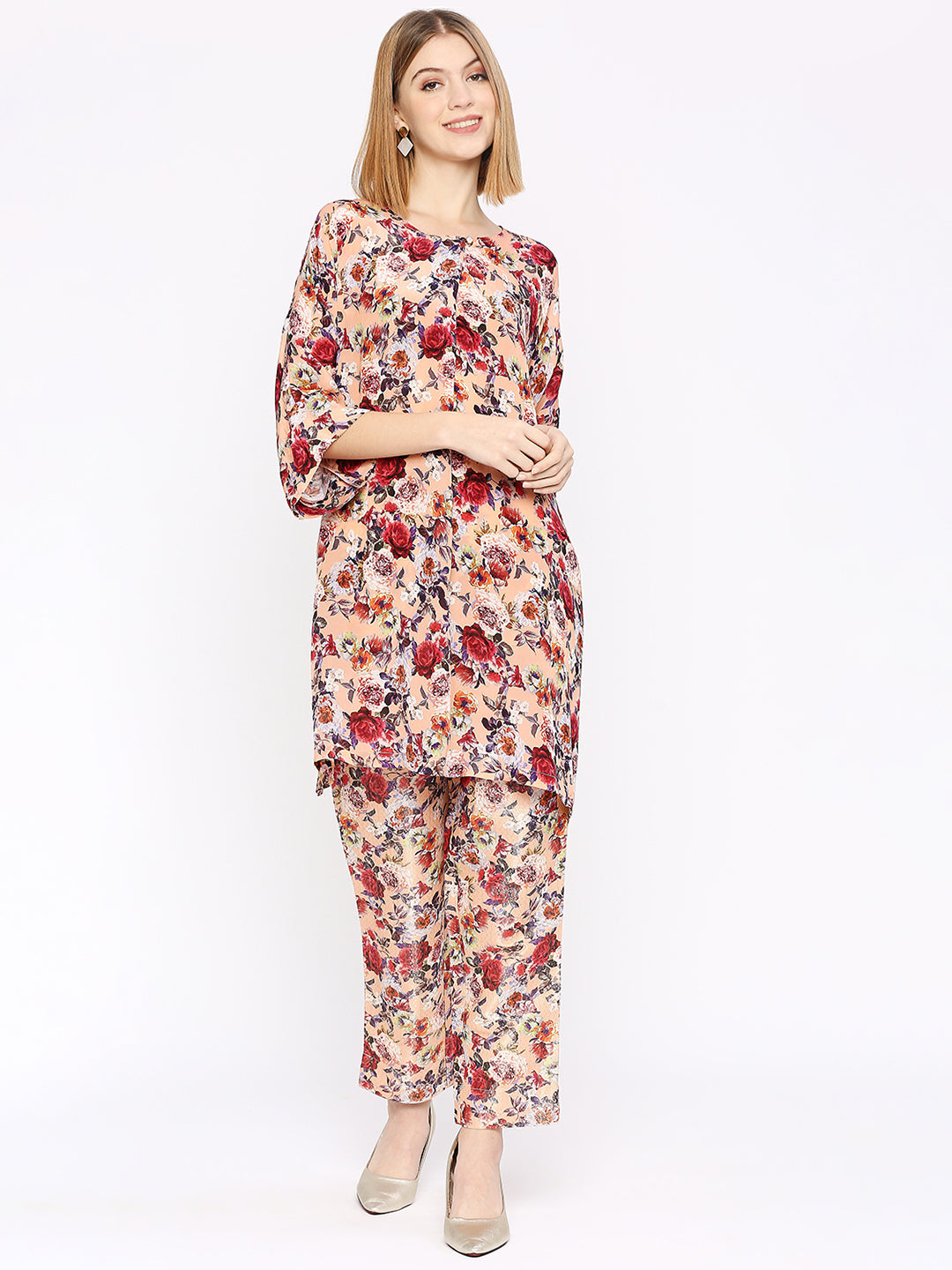 Peach Multicolored Flower Printed Co-Ord Set With Brocade Pant