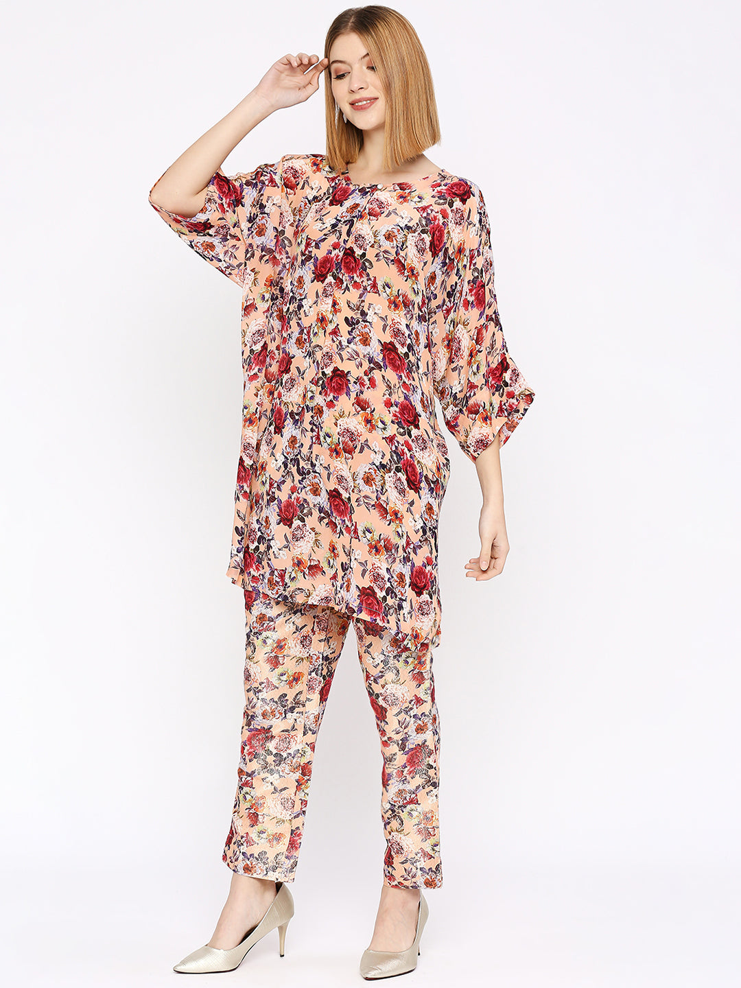 Peach Multicolored Flower Printed Co-Ord Set With Brocade Pant