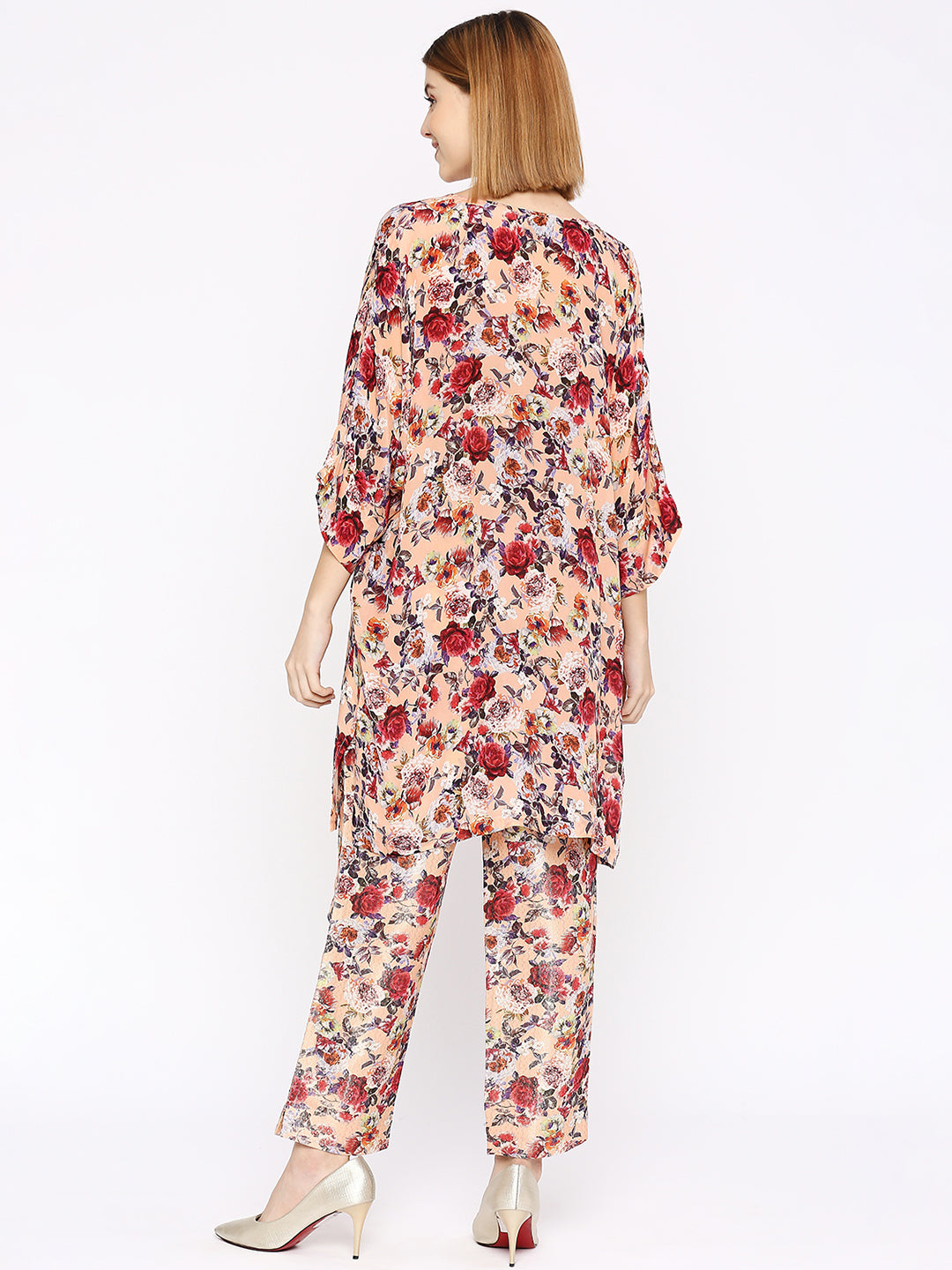 Peach Multicolored Flower Printed Co-Ord Set With Brocade Pant