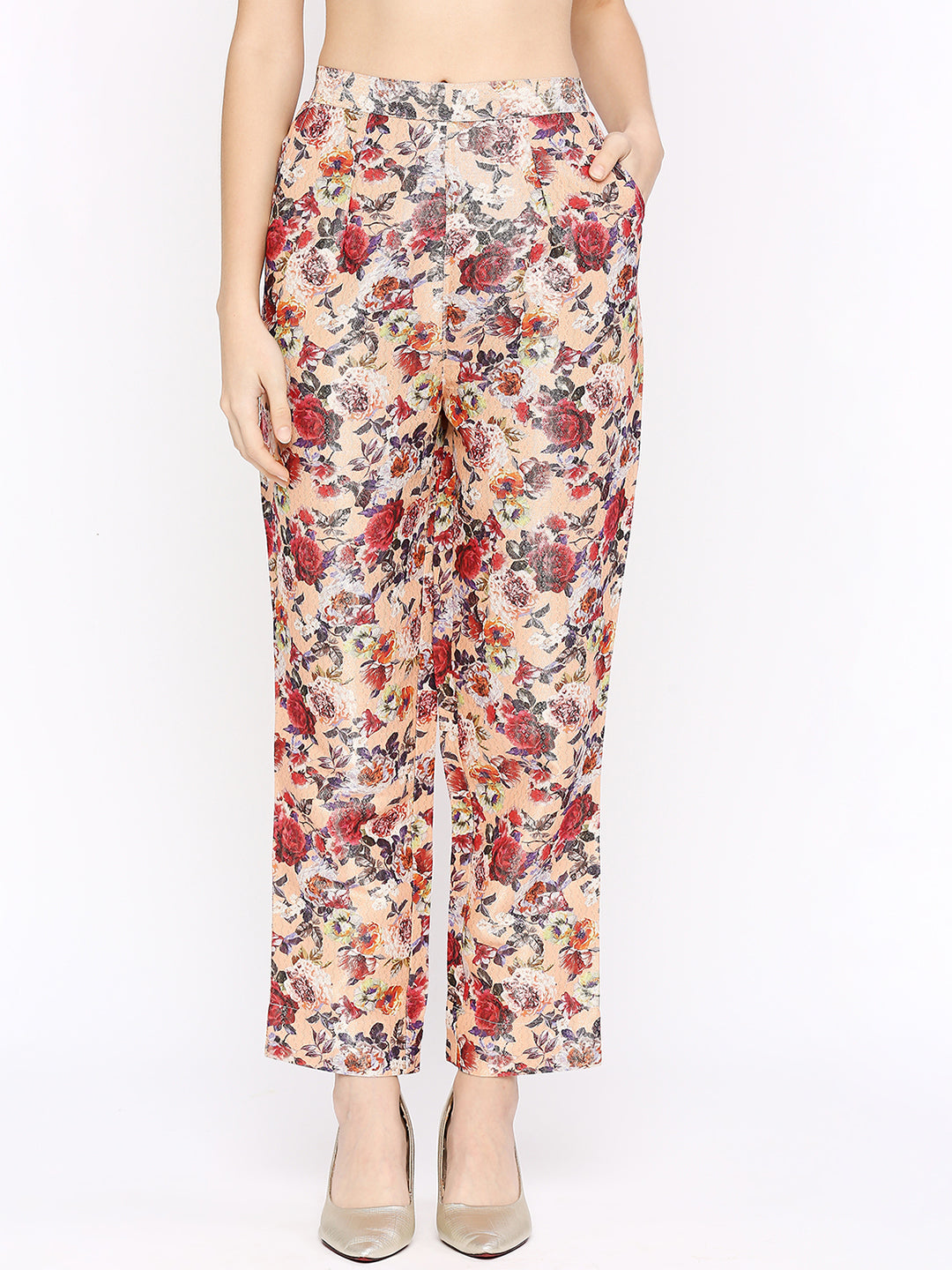 Peach Multicolored Flower Printed Co-Ord Set With Brocade Pant