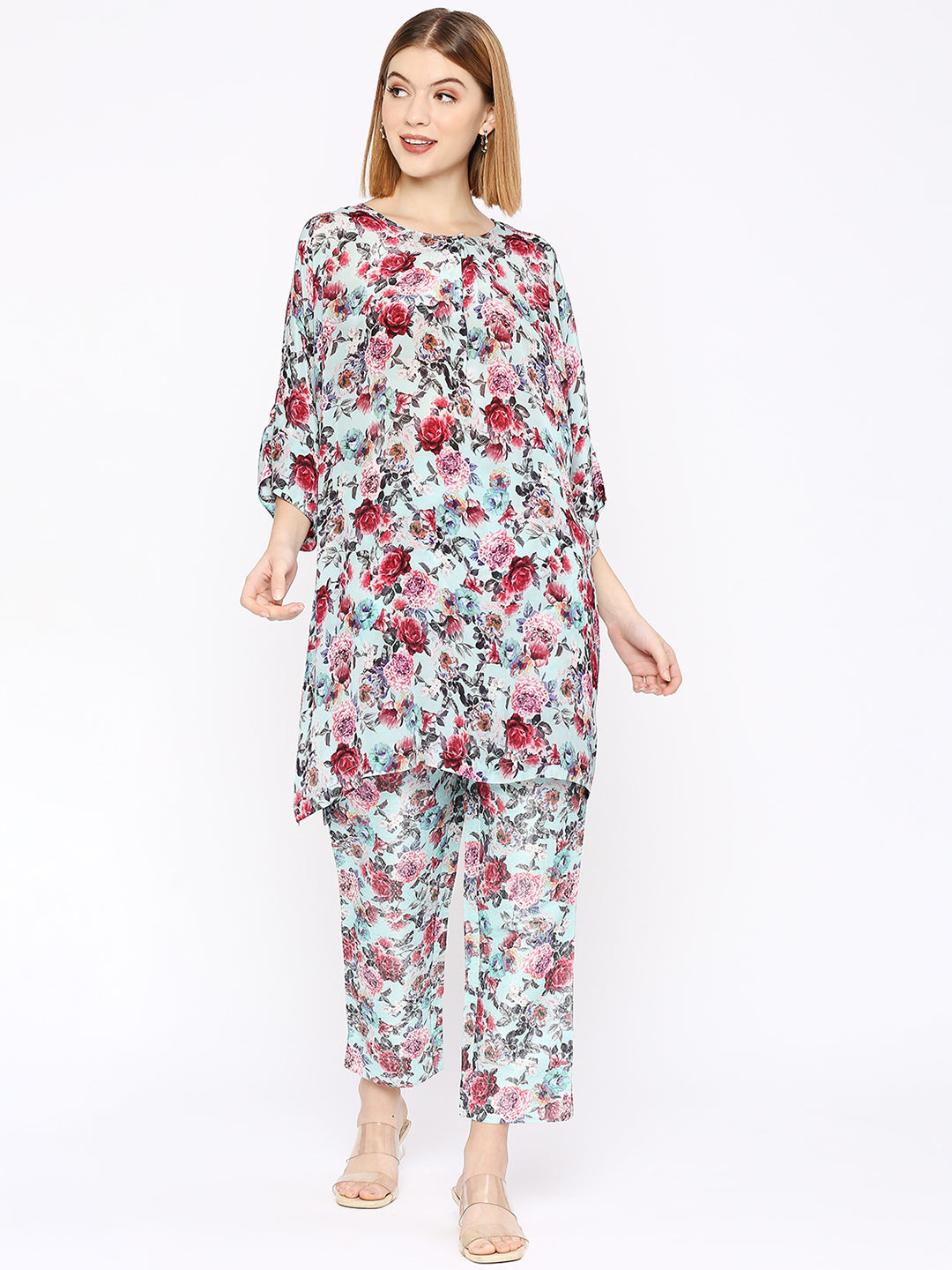 Aqua Multicolored Floral Printed Co-Ord Set with Brocade Pant