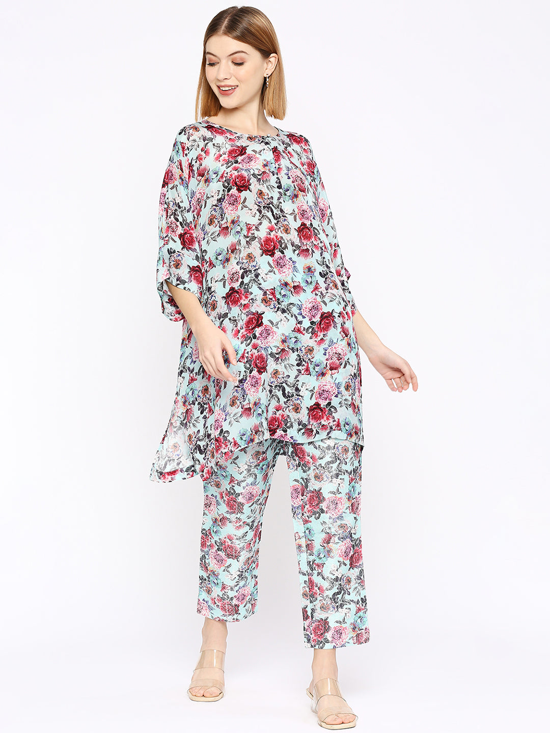 Aqua Multicolored Floral Printed Co-Ord Set with Brocade Pant