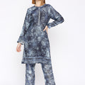 Navy Blue Floral Printed Co-Ord Set With Brocade Pant