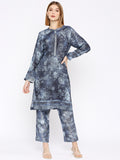 Navy Blue Floral Printed Co-Ord Set With Brocade Pant