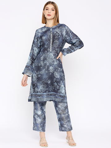 Navy Blue Floral Printed Co-Ord Set With Brocade Pant
