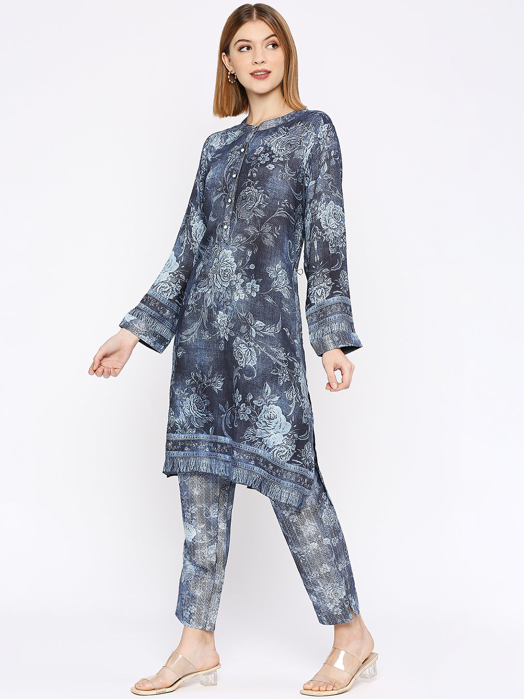 Navy Blue Floral Printed Co-Ord Set With Brocade Pant