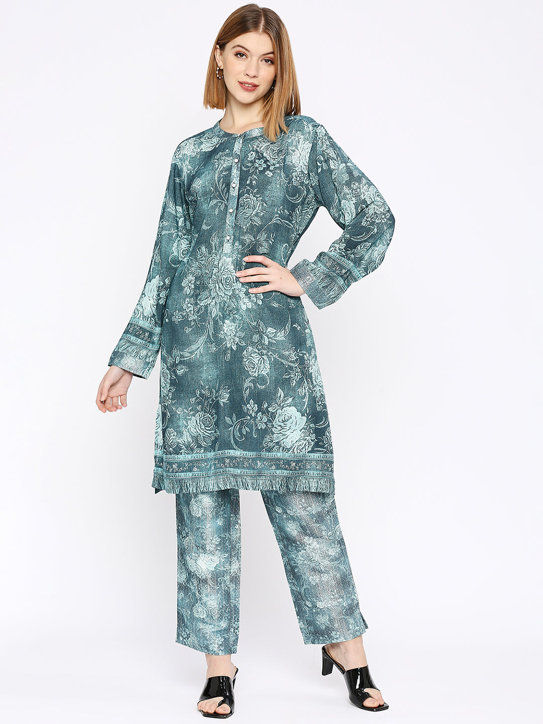 Teal Floral Printed Brocade Pant