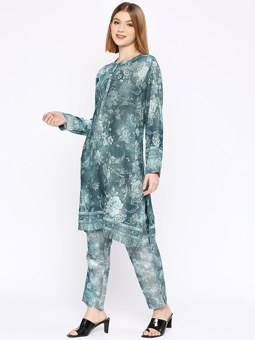 Teal Floral Printed Kurta