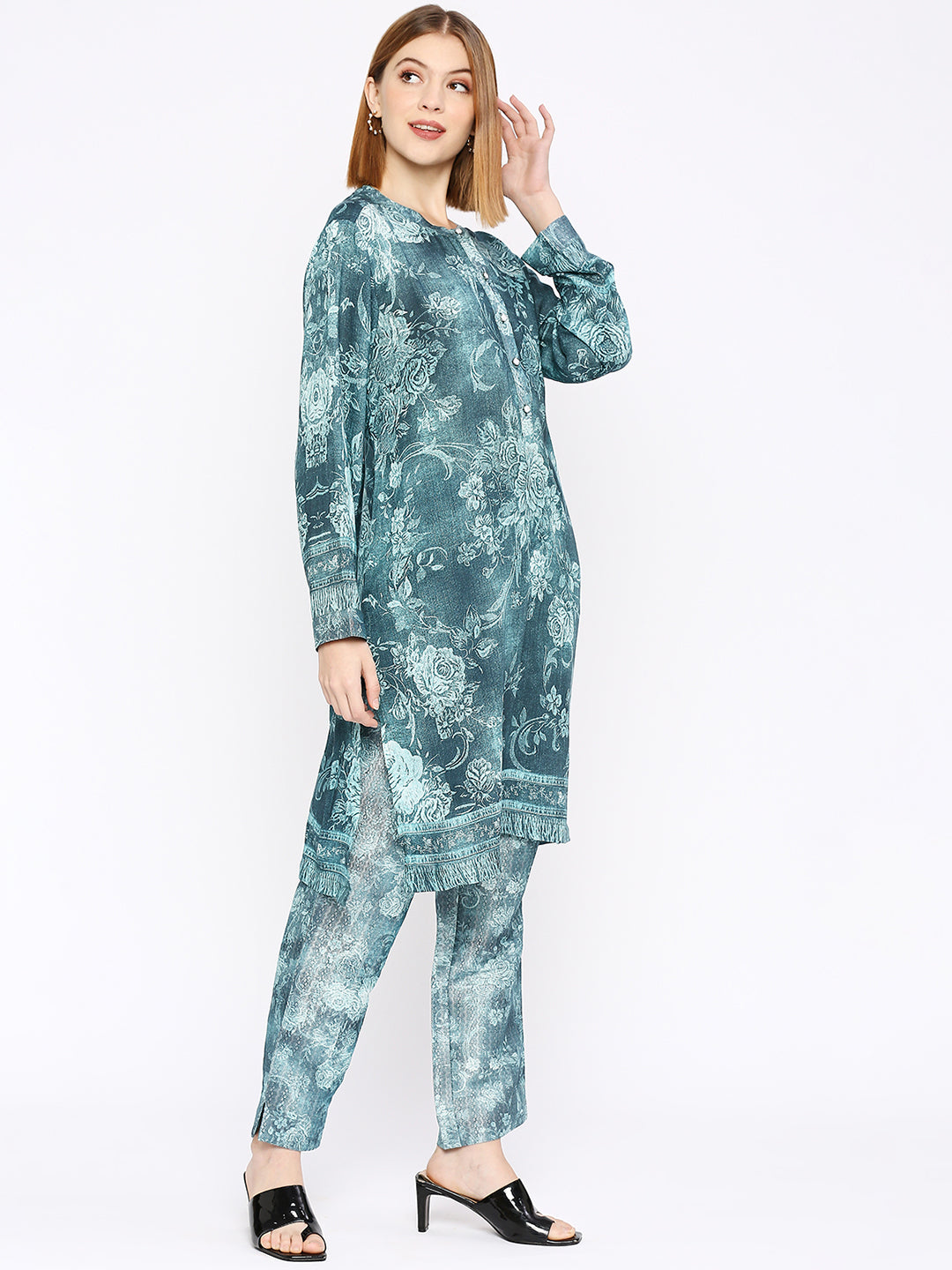 Teal Floral Printed Co-Ord Set With Brocade Pant