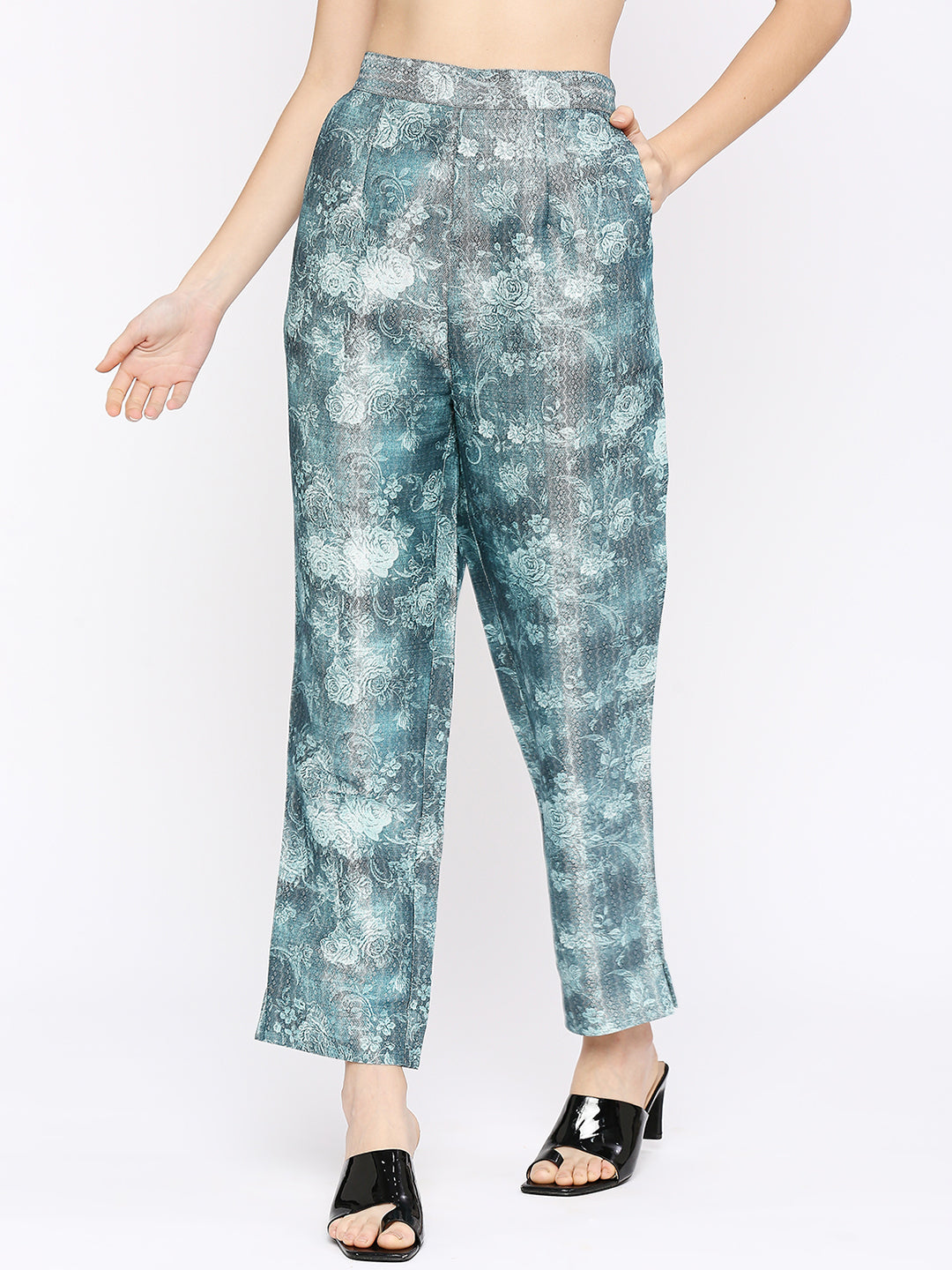 Teal Floral Printed Co-Ord Set With Brocade Pant