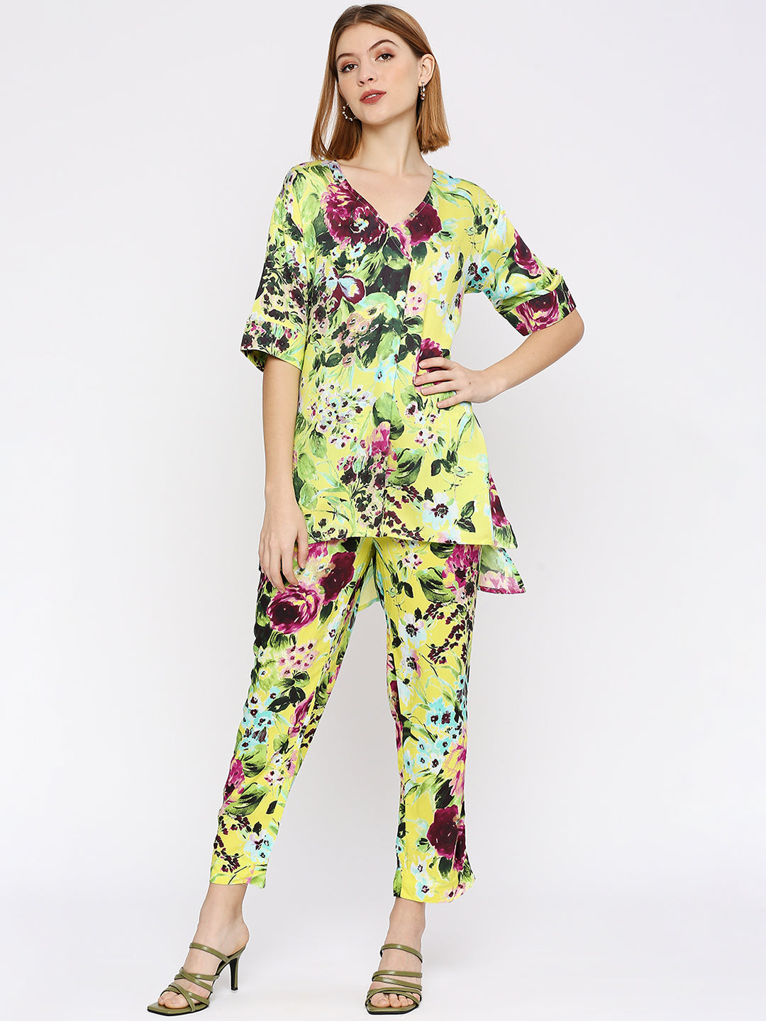 Lime Yellow Flower Printed Co-ord Set