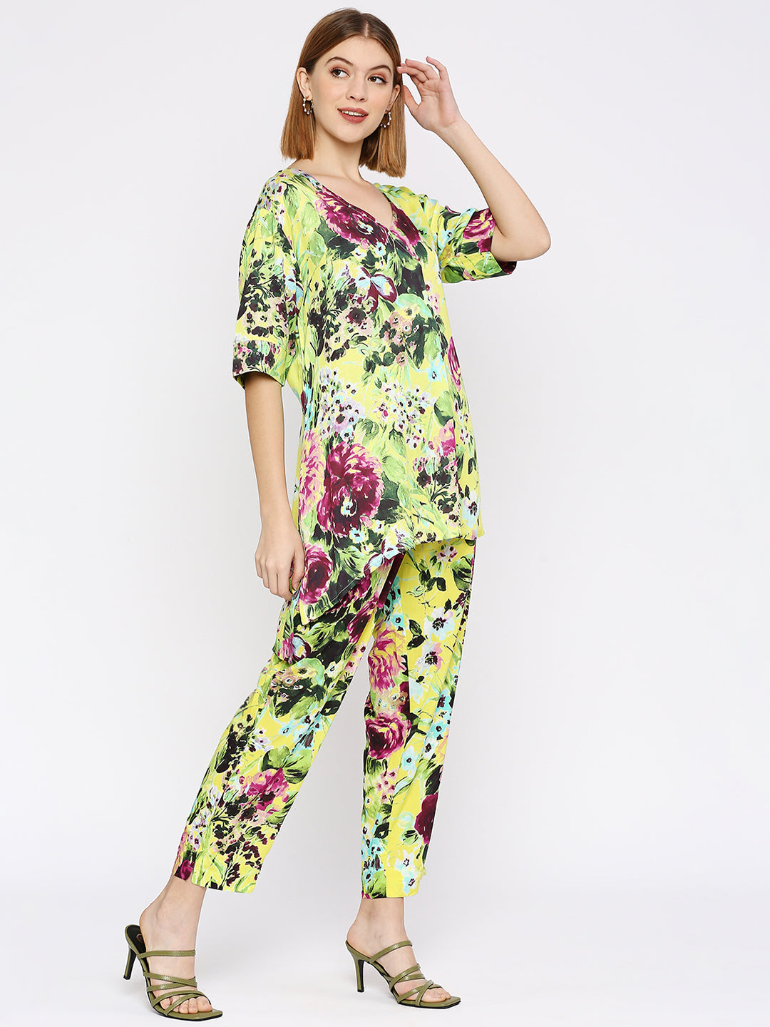 Lime Yellow Flower Printed Co-ord Set