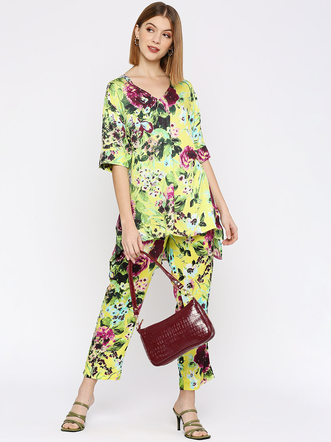 Lime Yellow Flower Printed Co-ord Set