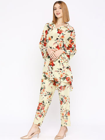 Lime Flower Printed Co-Ord Set With Brocade Pant