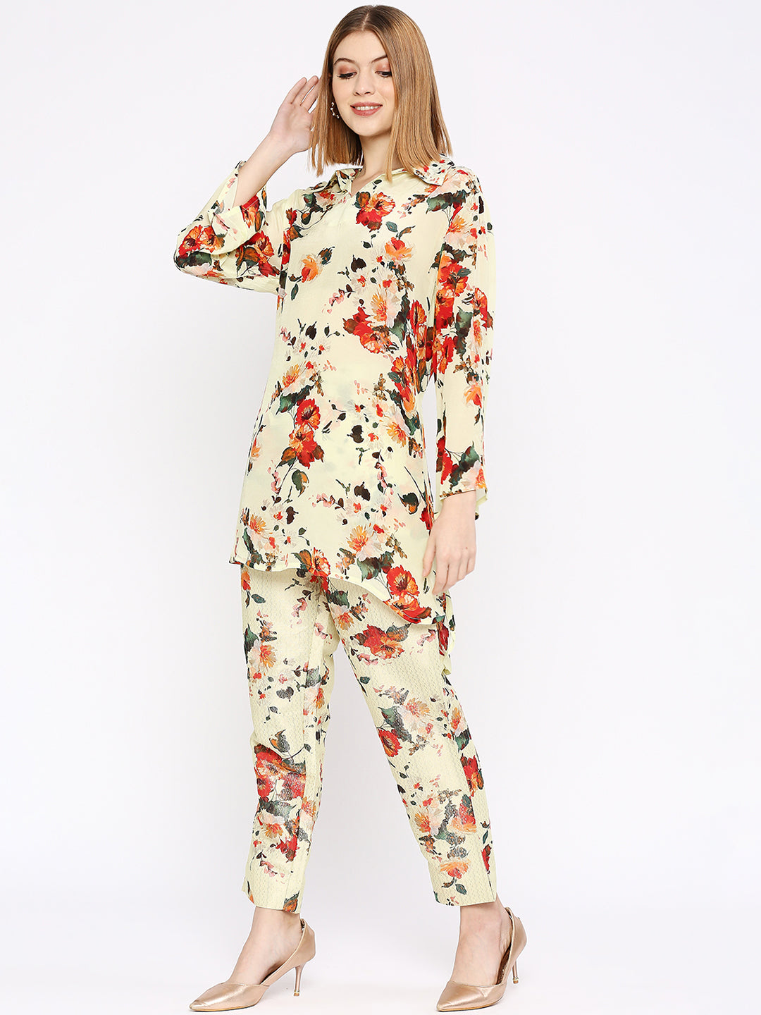 Light Yellow Co-Ord Set With Brocade Pant