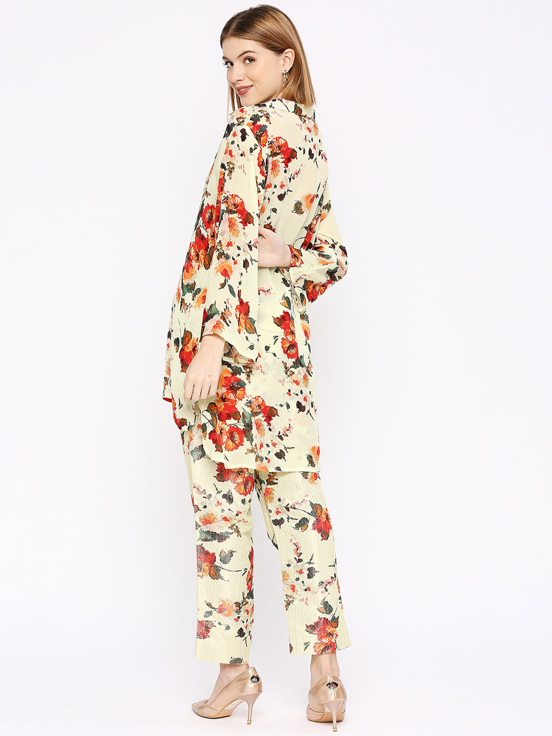 Lime Flower Printed Co-Ord Set With Brocade Pant