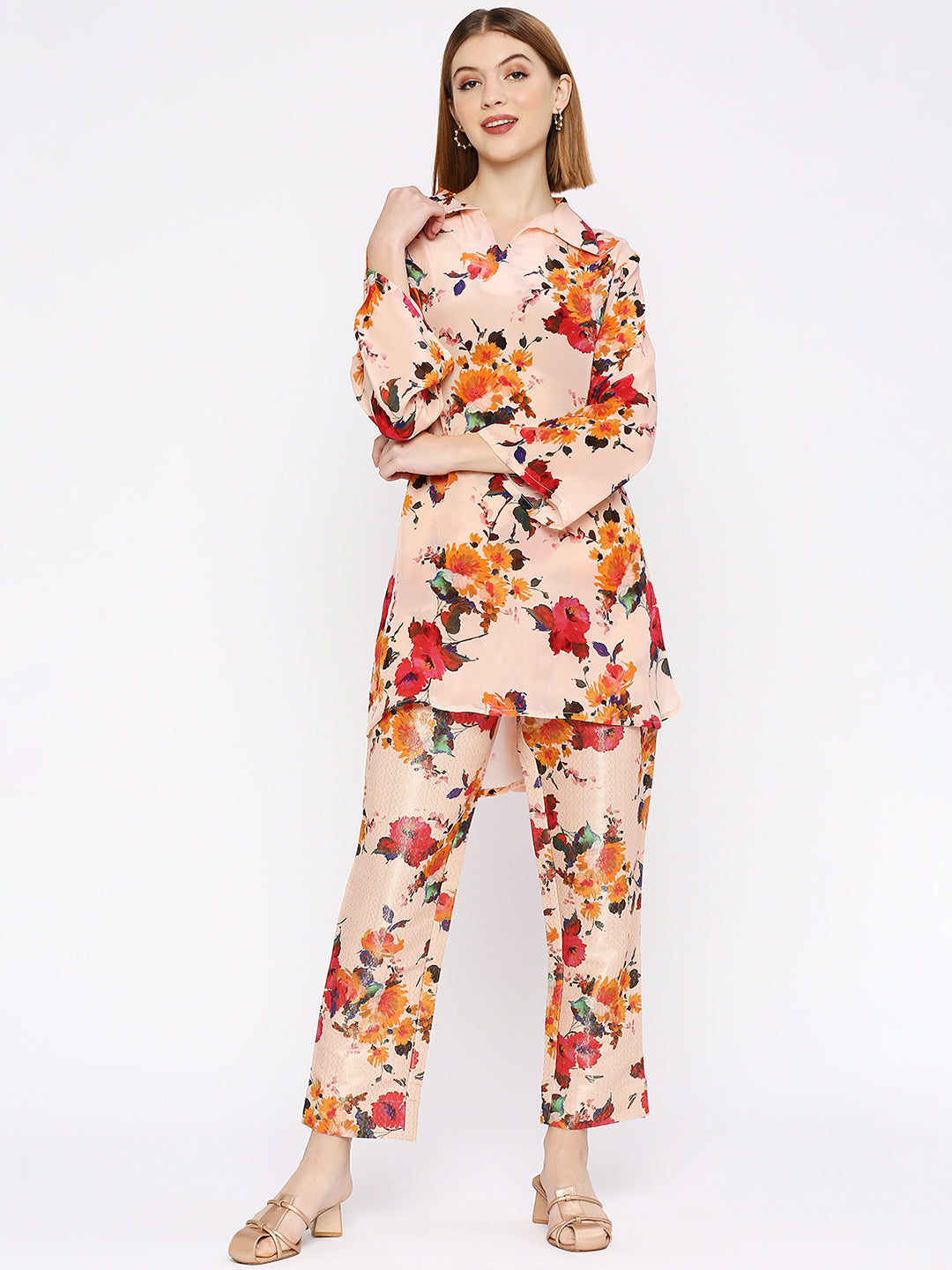 Peach Co-Ord Set With Brocade Pant
